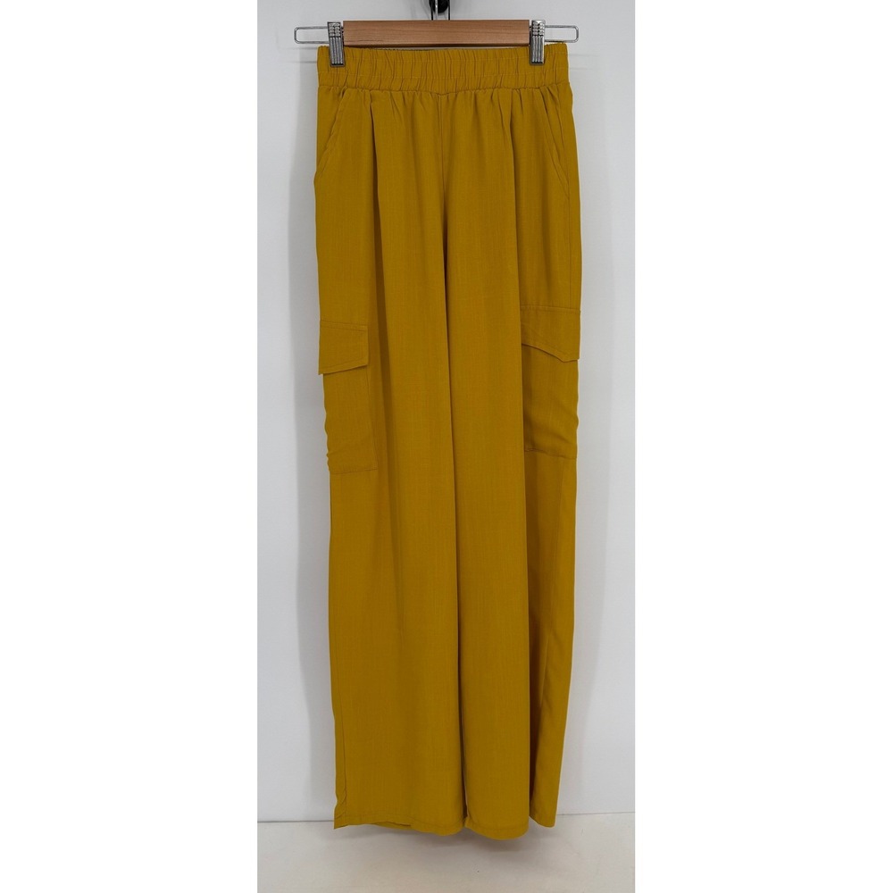 AQ-SPORT Women Mustard Yellow Wide Leg Cargo Pants Elastic Waist Sz Small NEW
